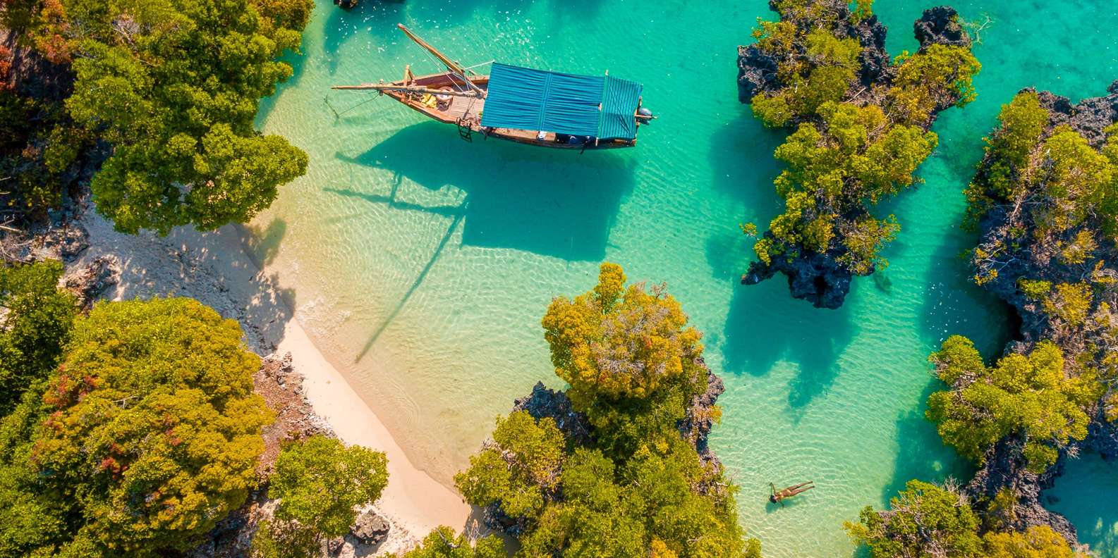 Turquoise waters and dhow on Zanzibar coast